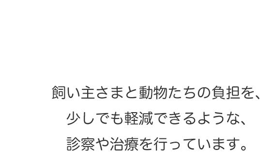 飼い主さまと動物たちの負担を、少しでも軽減できるような診察や治療を行っています。